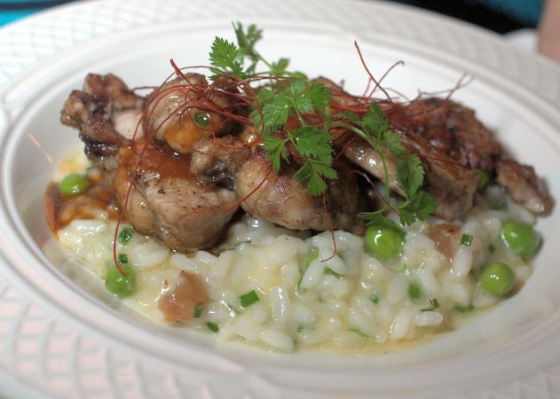 Sweetbreads with parmesan pea risotto